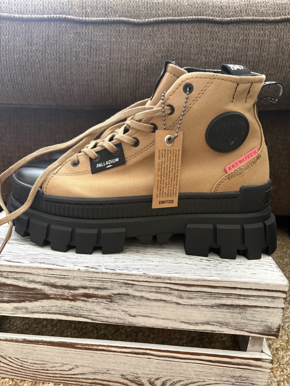 Palladium Tan Canvas High-Top with Black Chunky Lug Sole